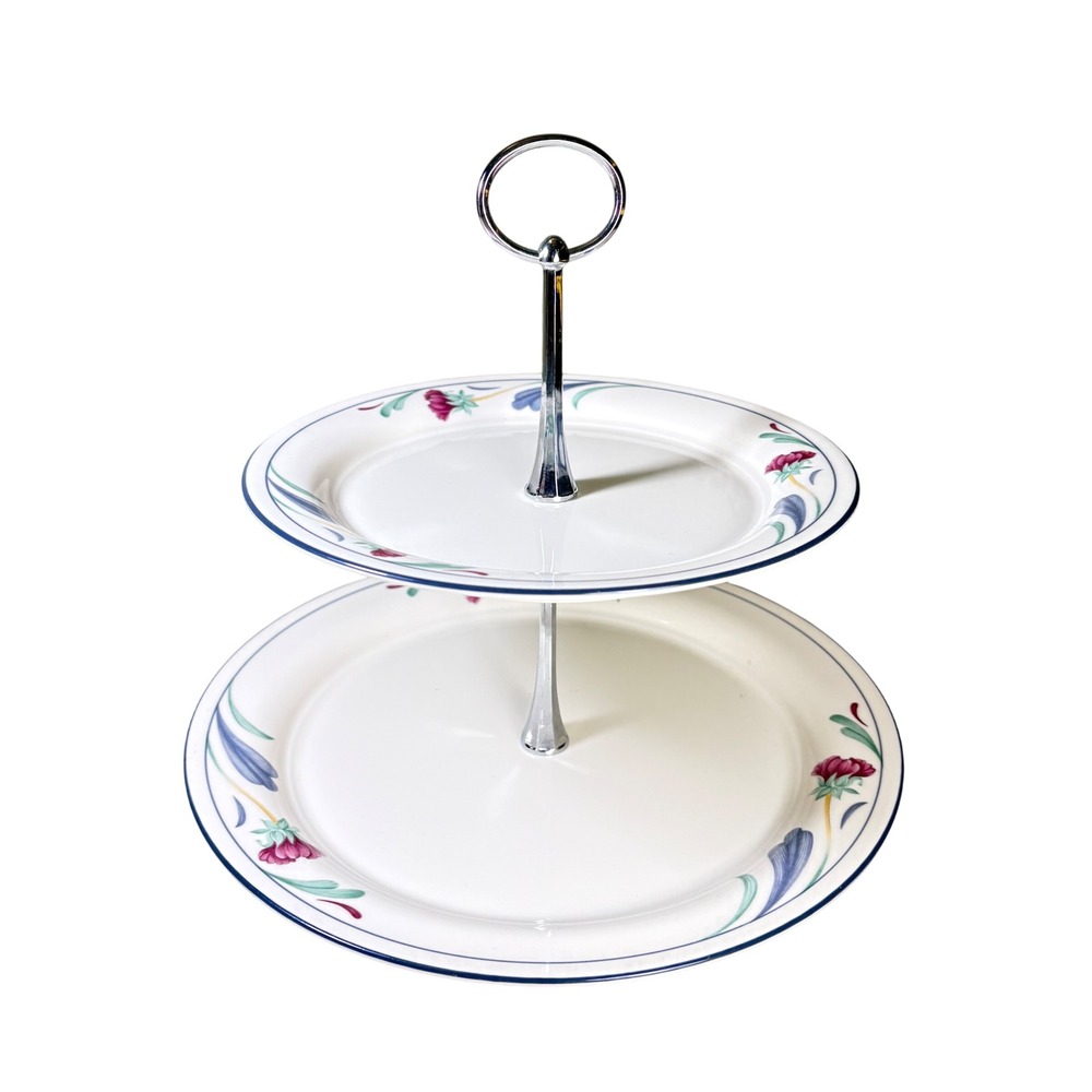 Lenox Chinastone Poppies on Blue 2 Tier Serving Stand Dessert Server Made in USA